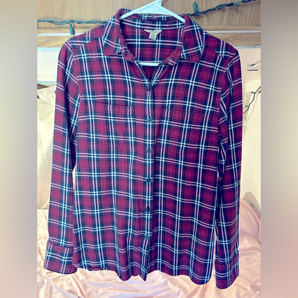 Burgundy Red flannel Woolrich Plaid Button-Up Shirt soft comfy size M fit s/m